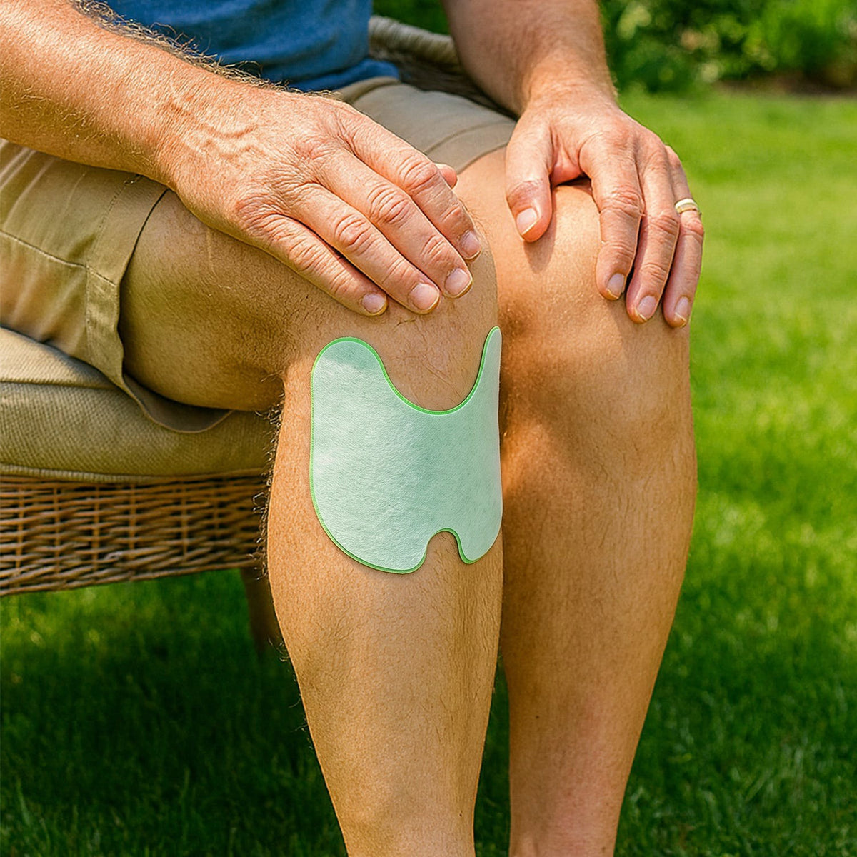 Groene zelfklevende kniepleister aangebracht op knie van zittend persoon buiten | Boutique Moda