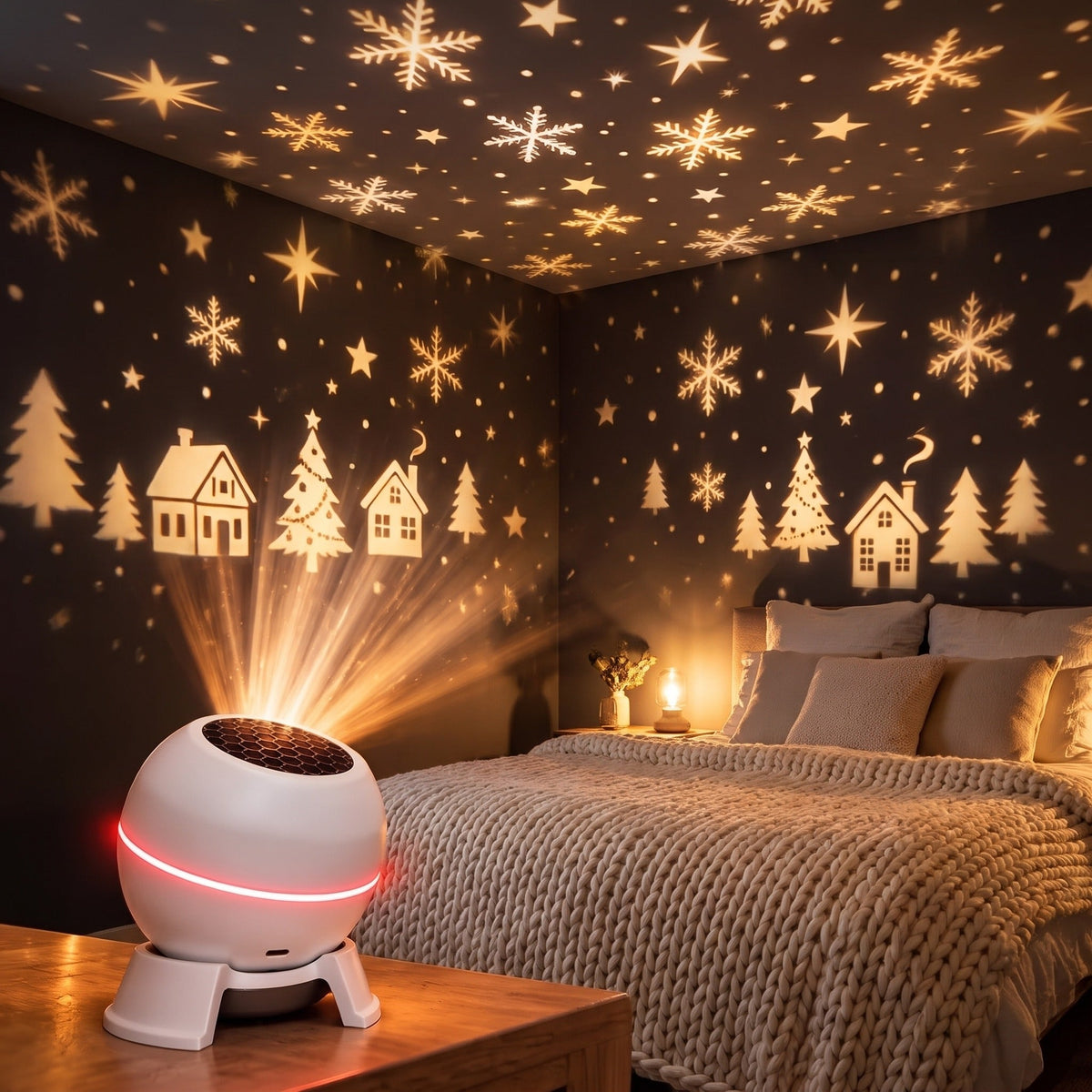 Witte lichtprojector op nachtkastje projecteert sterren, sneeuwvlokken en huisjes op muur | Boutique Moda