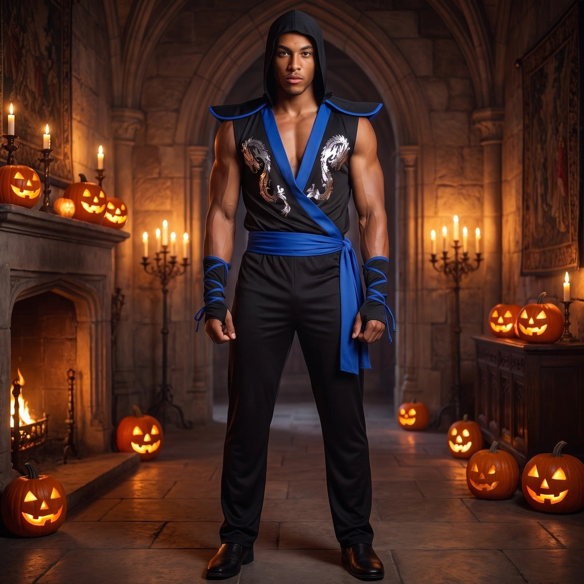 Ninja Tuniek met Capuchon Heren | Zwart Blauw | Armstukken | Sjerp
