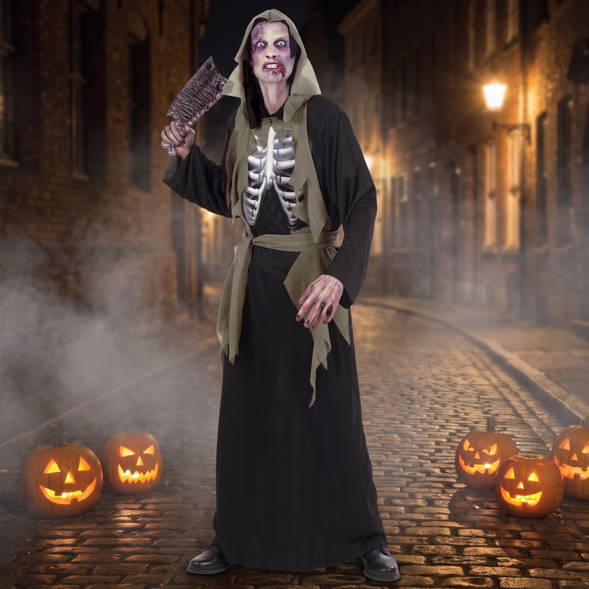 Zombie Gewaad Heren | Capuchon | Holografische Ribbenkast | Riem