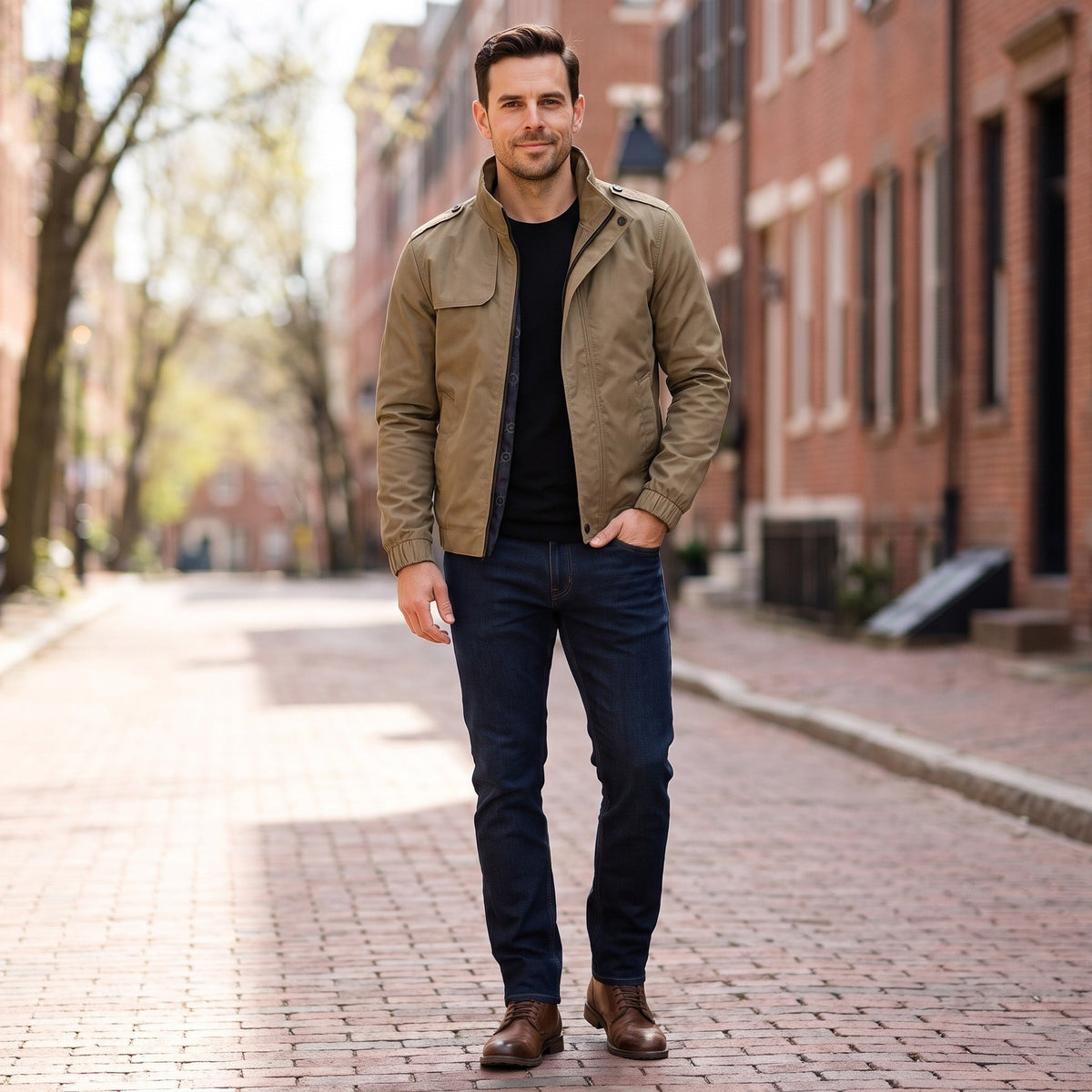 Man draagt beige jas met opstaande kraag over zwarte trui en jeans | Boutique Moda