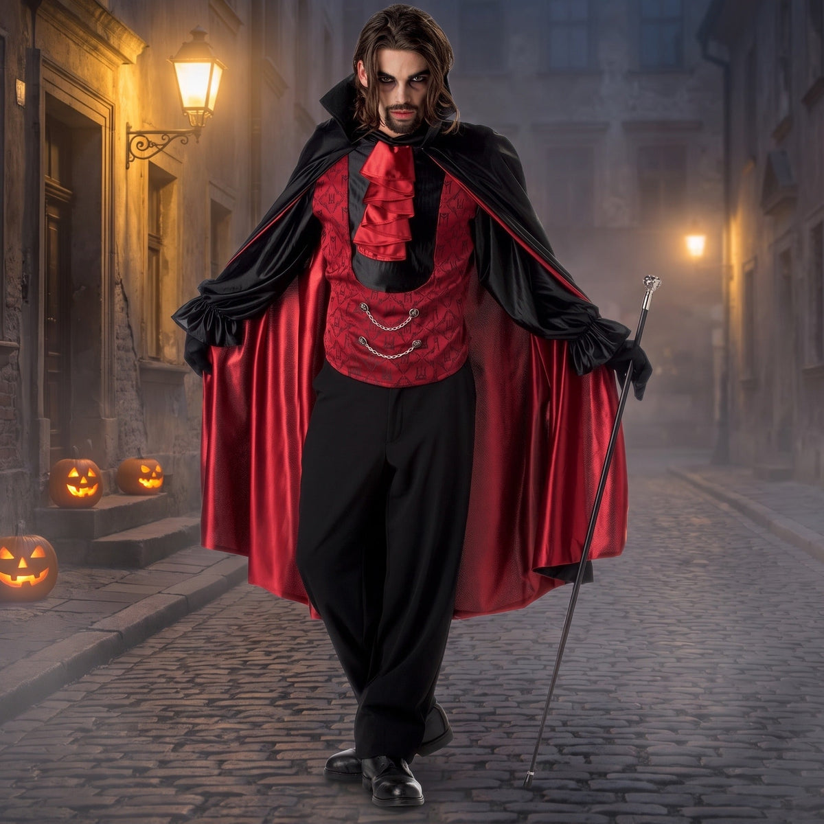 Dracula Kostuum Rood | Vest met Mouwen | Jabot | Cape