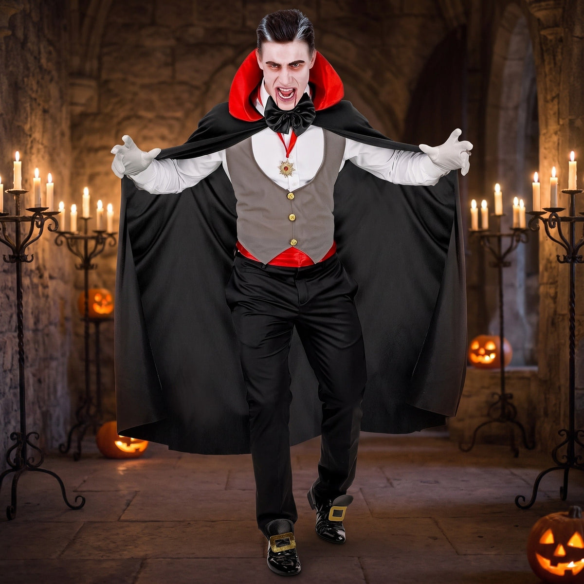 Vampier Kostuum Grijs | Gilet | Buikband | Cape | Strik