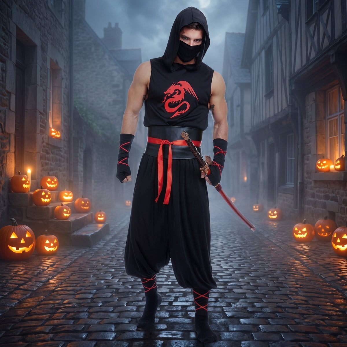 Ninja Kostuum Heren | Drakenprint | Masker | Riem | Broek