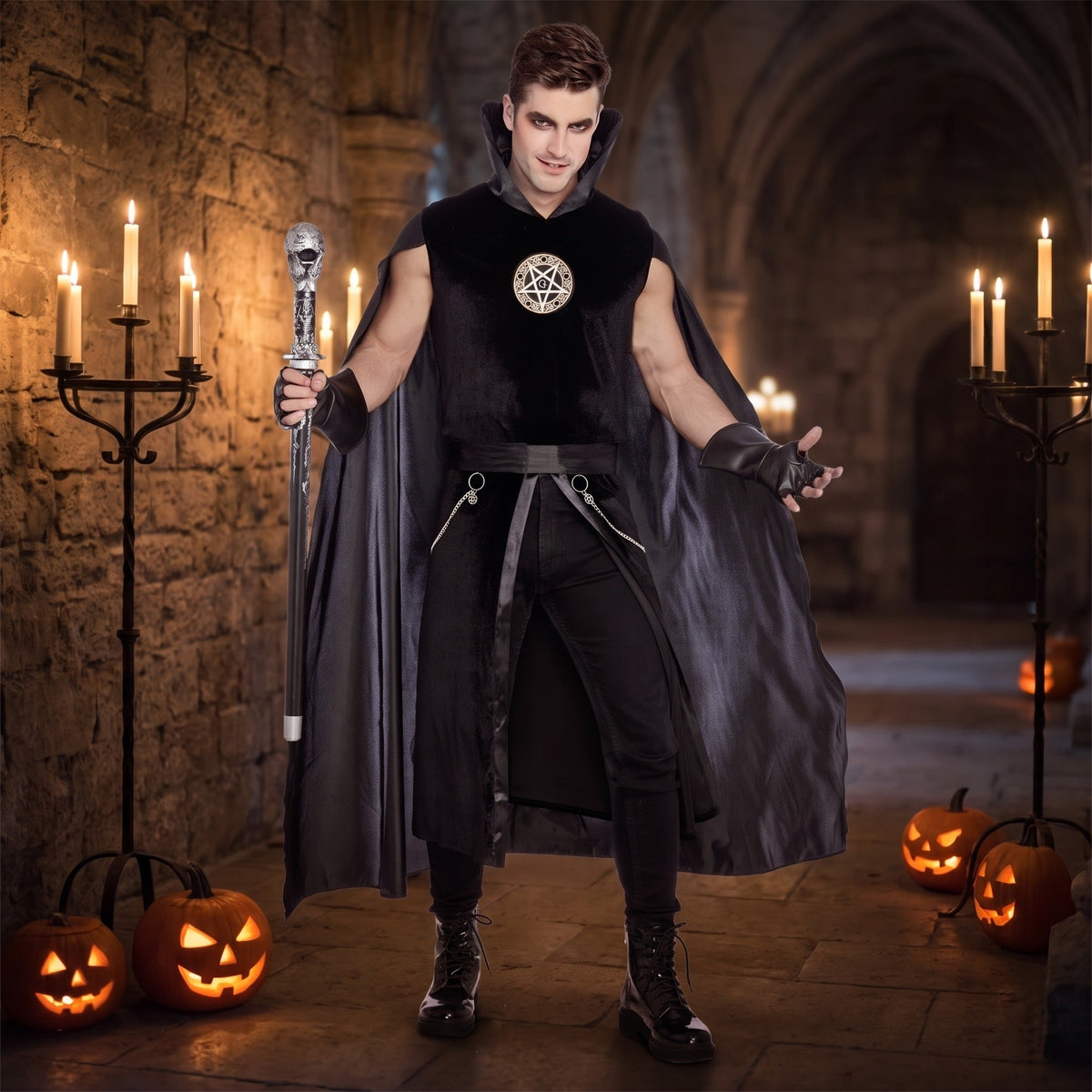 Gothic Kostuum Heren | Pentagram Tuniek | Cape | Riem