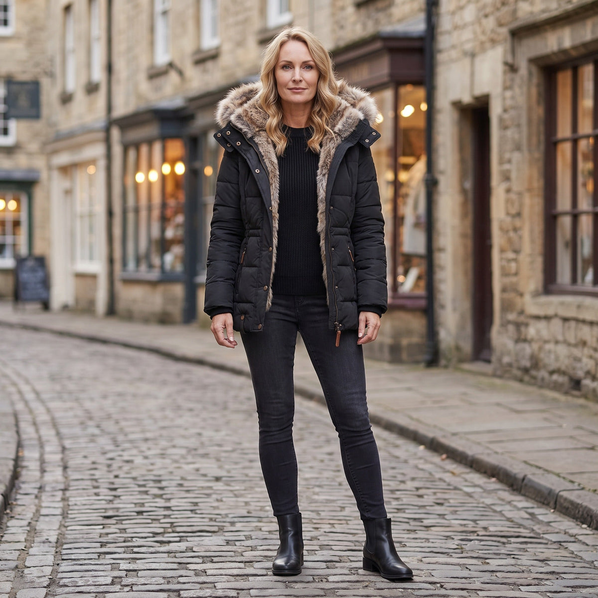 Zwarte winterparka met imitatiebont capuchon, gedragen door vrouw op straat | Boutique Moda