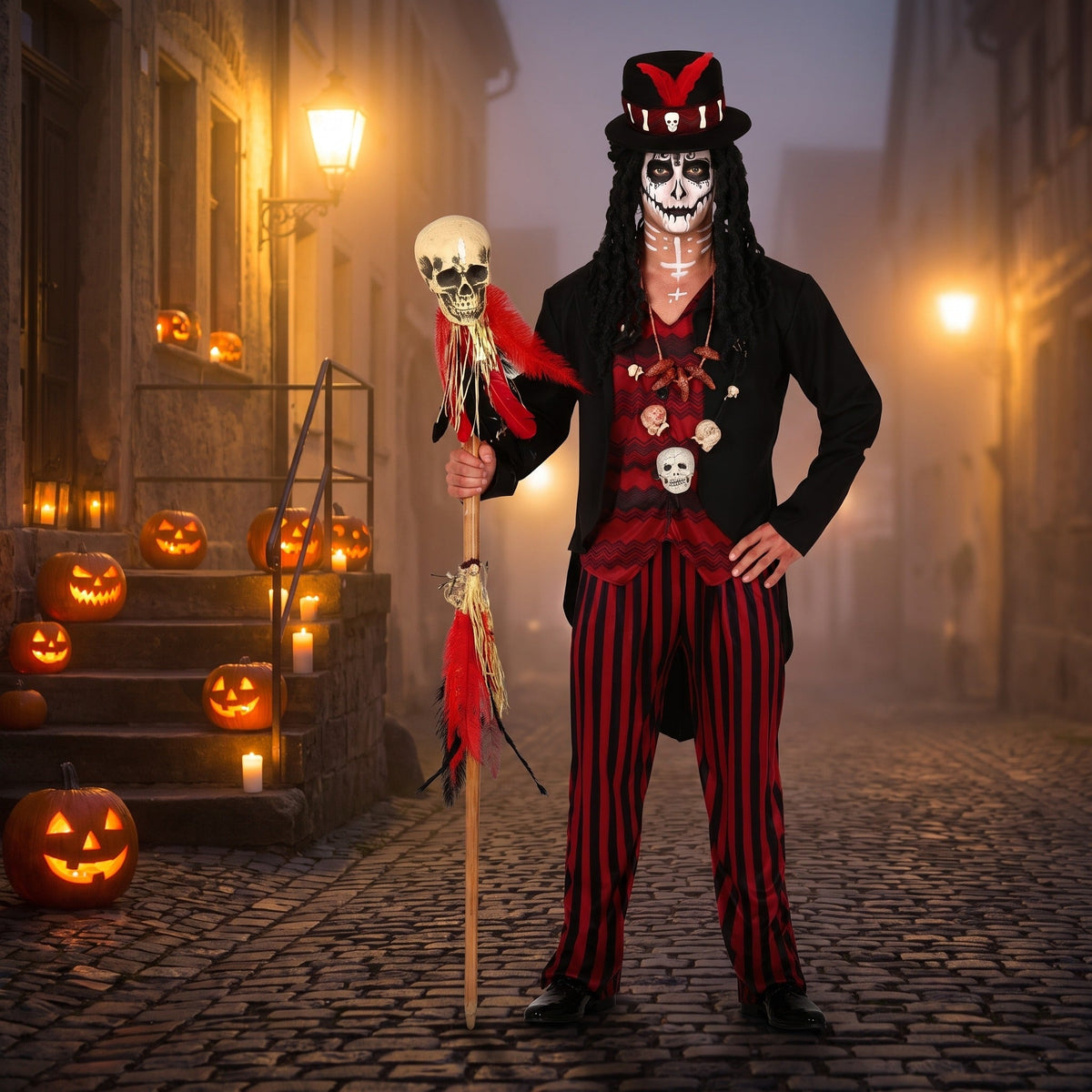 Voodoo Kostuum Heren | Slipjas | Hoge Hoed | Gestreepte Broek