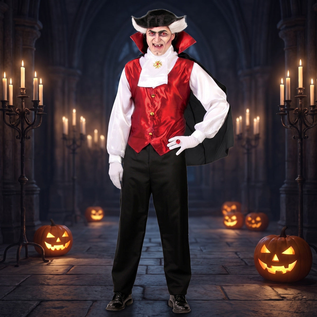 Vampier Graaf Kostuum | Cape met Opstaande Kraag | Jabot Hemd | Broek