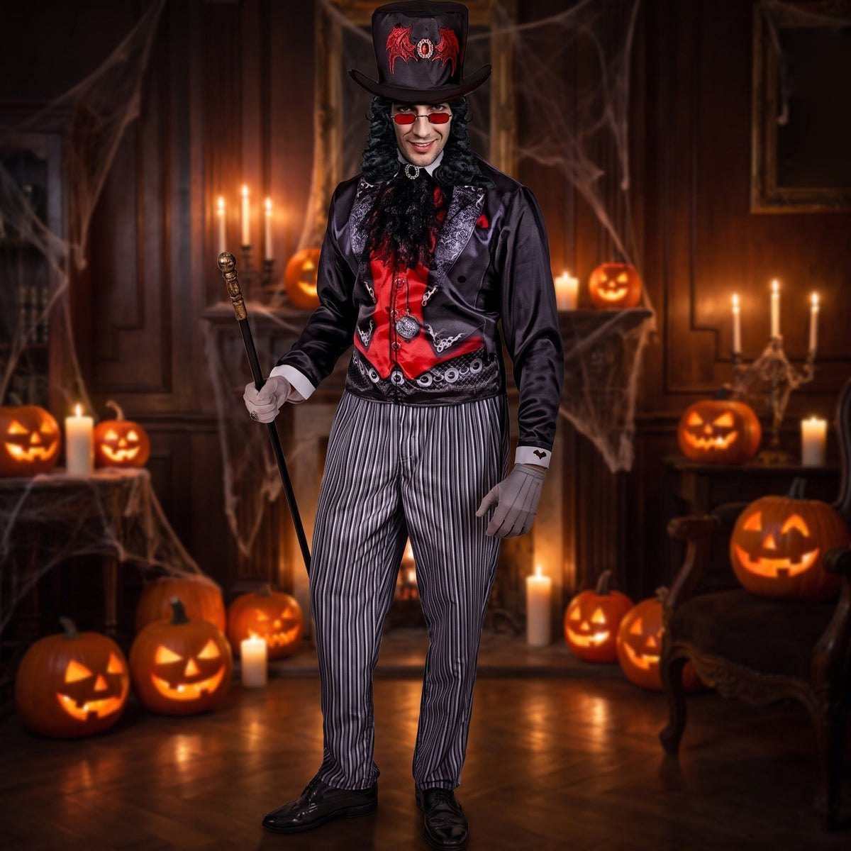Gothic Vampier Kostuum | Slipjas | Krijtstreepbroek | Hoge Hoed | Jabot