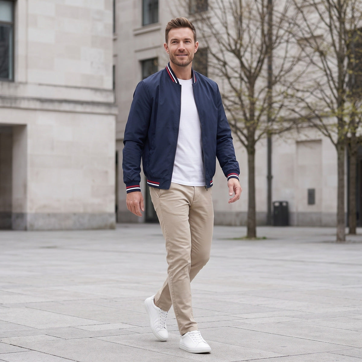 Marineblauwe bomberjack met gestreepte boorden, gedragen door man buiten | Boutique Moda