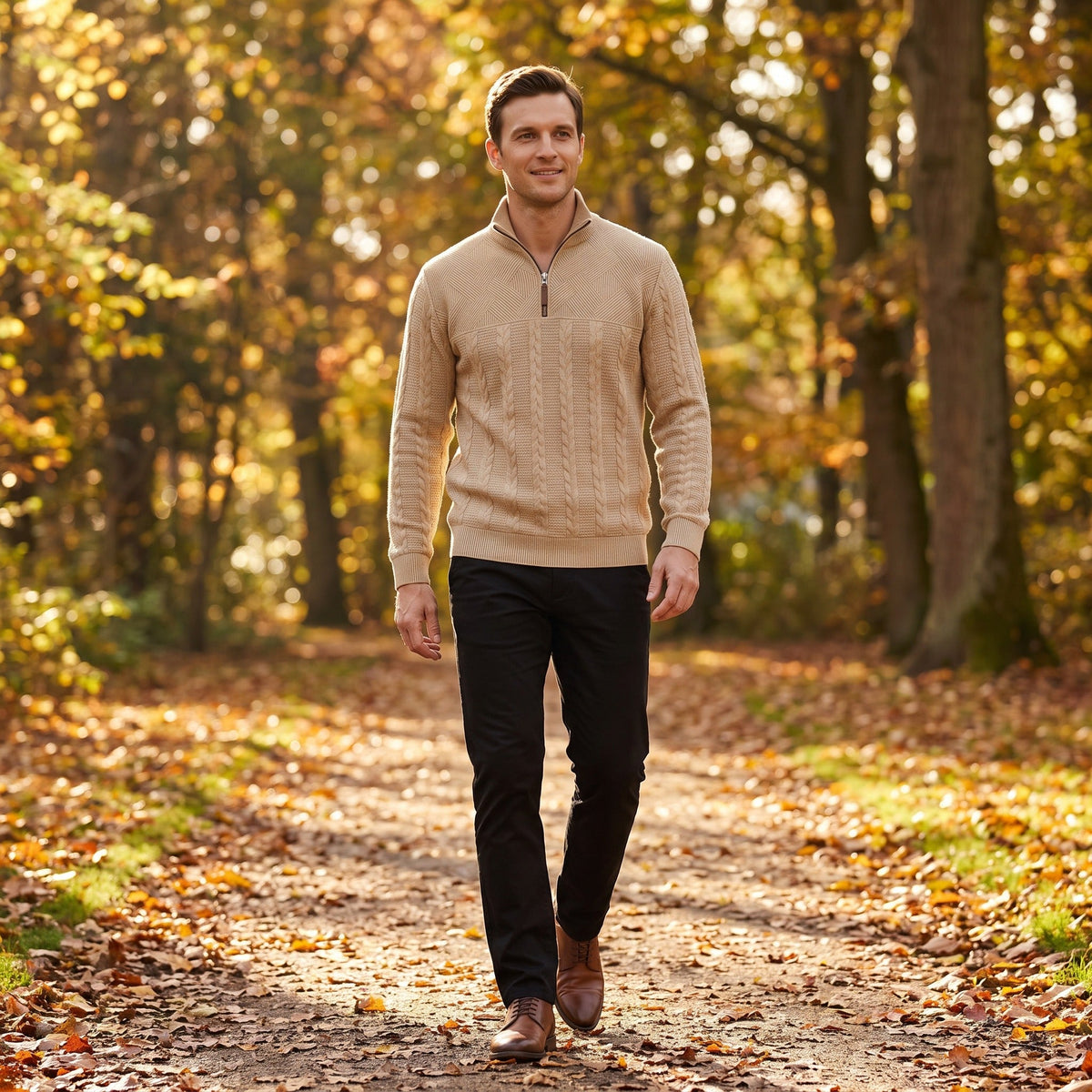 Relaxed Fit Trui met Rits Heren | Kabelpatroon | Opstaande Kraag