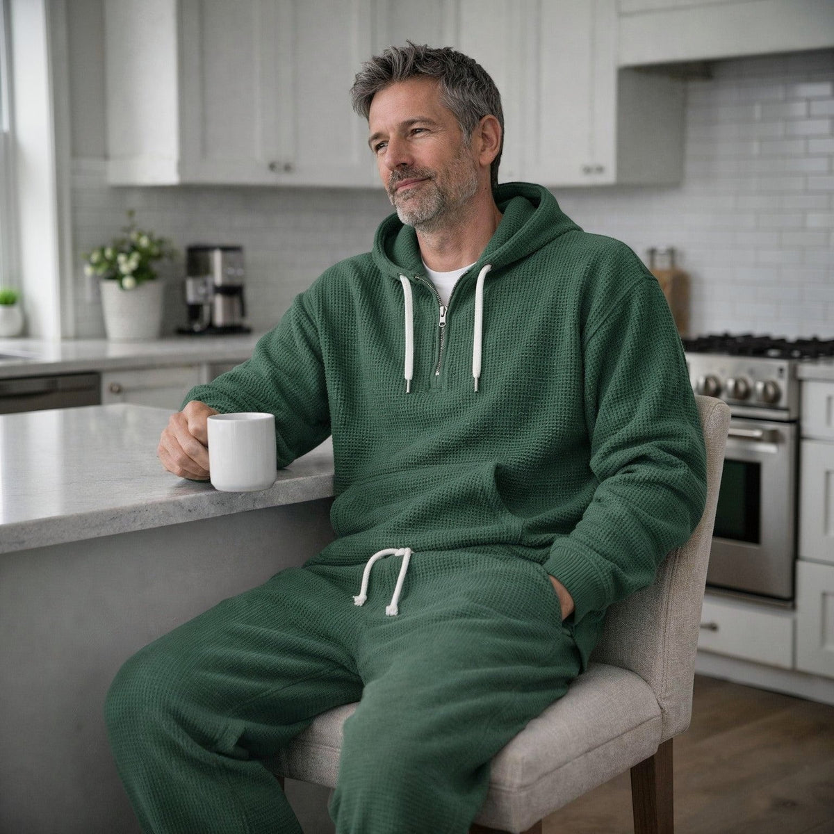 Man draagt groen wafelstructuur trainingspak met hoodie, zittend in keuken | Boutique Moda