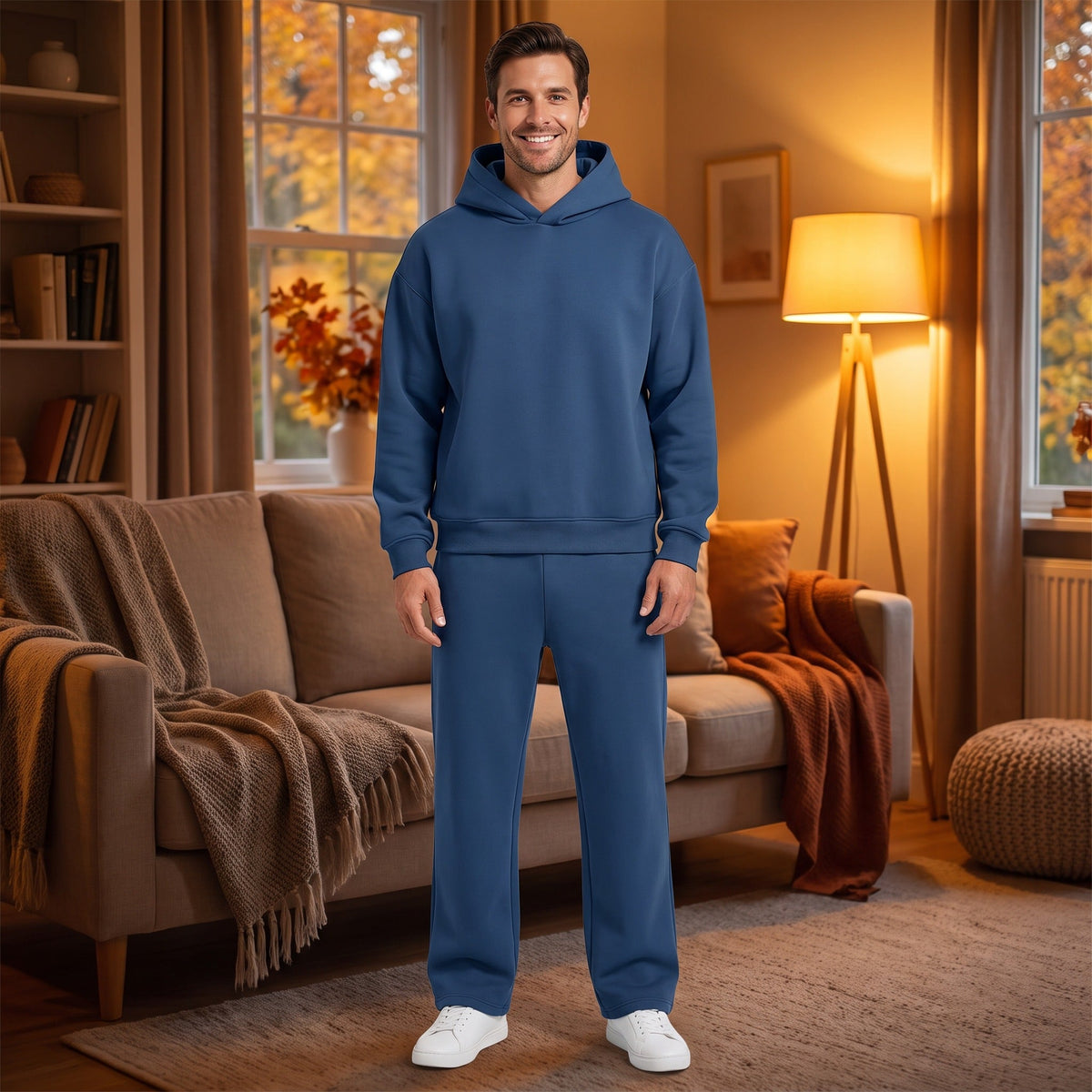 Man draagt effen blauw joggingpak met hoodie in gezellige woonkamer | Boutique Moda