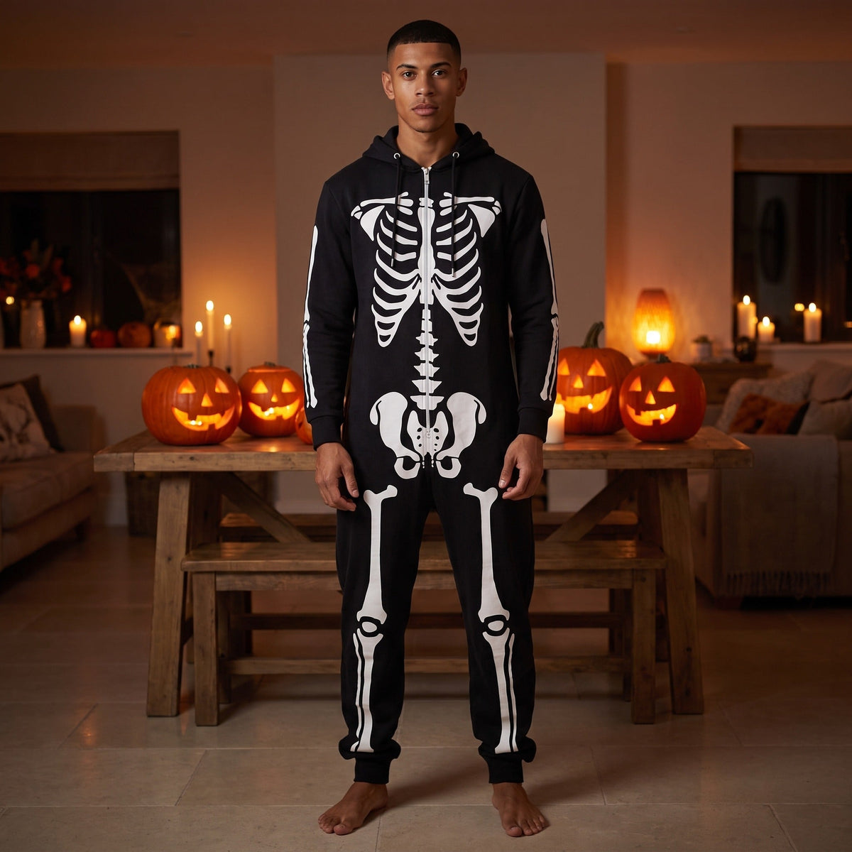 Man draagt zwarte skelet onesie met capuchon, Halloween sfeer met pompoenen | Boutique Moda
