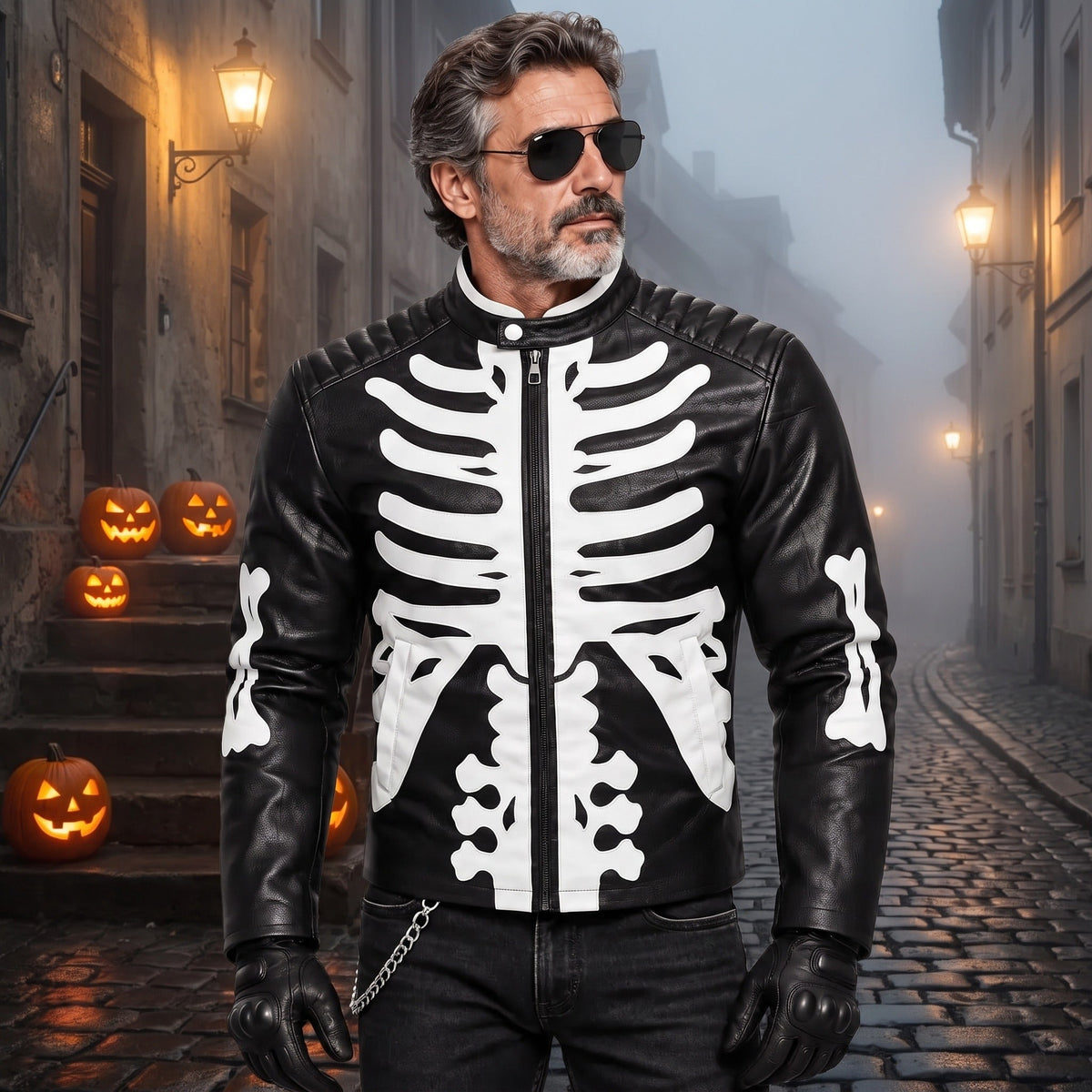 Zwarte bikerjack met wit skeletmotief, gedragen door man op straat | Boutique Moda