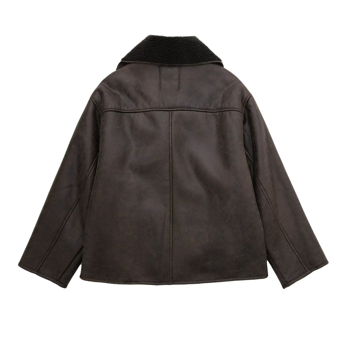 Bruine imitatieleren jas met teddy kraag, achteraanzicht, plat liggend | Boutique Moda