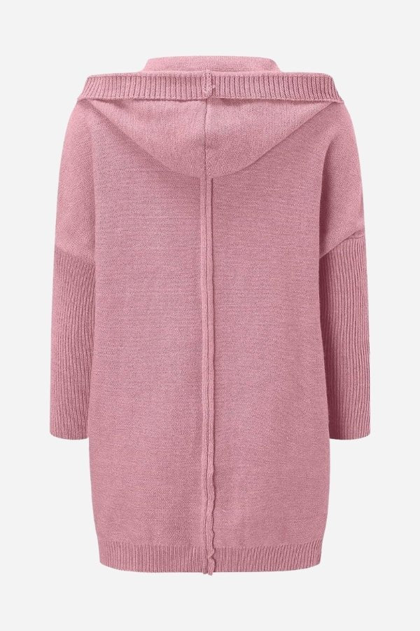 Achterkant van het roze vest met capuchon en naad over de rug