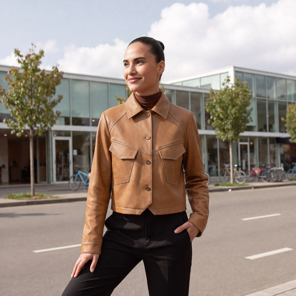 Vrouw in een kort bruin jasje in leerlook in een Rotterdamse straat