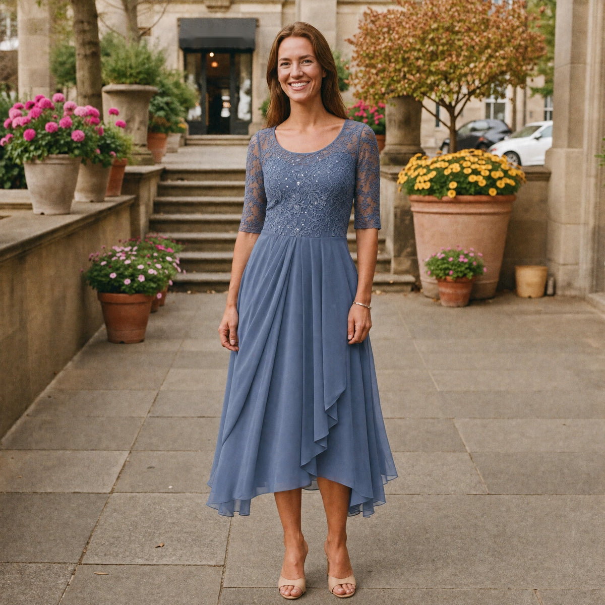 Midi Jurk Dames met Kanten Lijfje | Gedrapeerd | Blauw