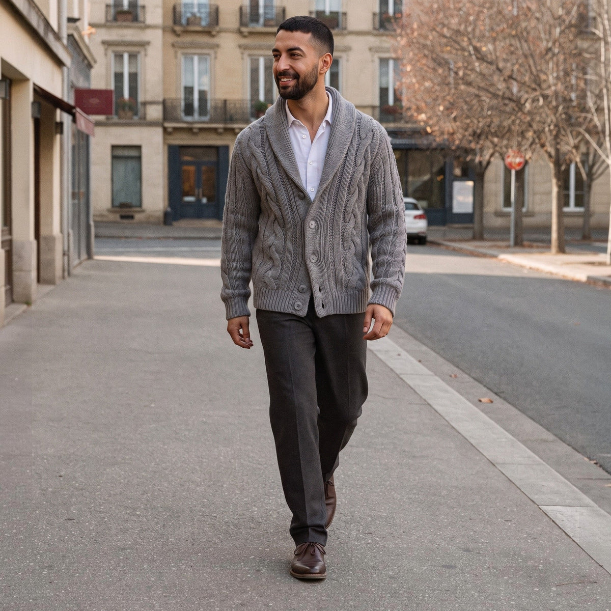 Grijs gebreid vest met sjaalkraag, gedragen door man op straat | Boutique Moda