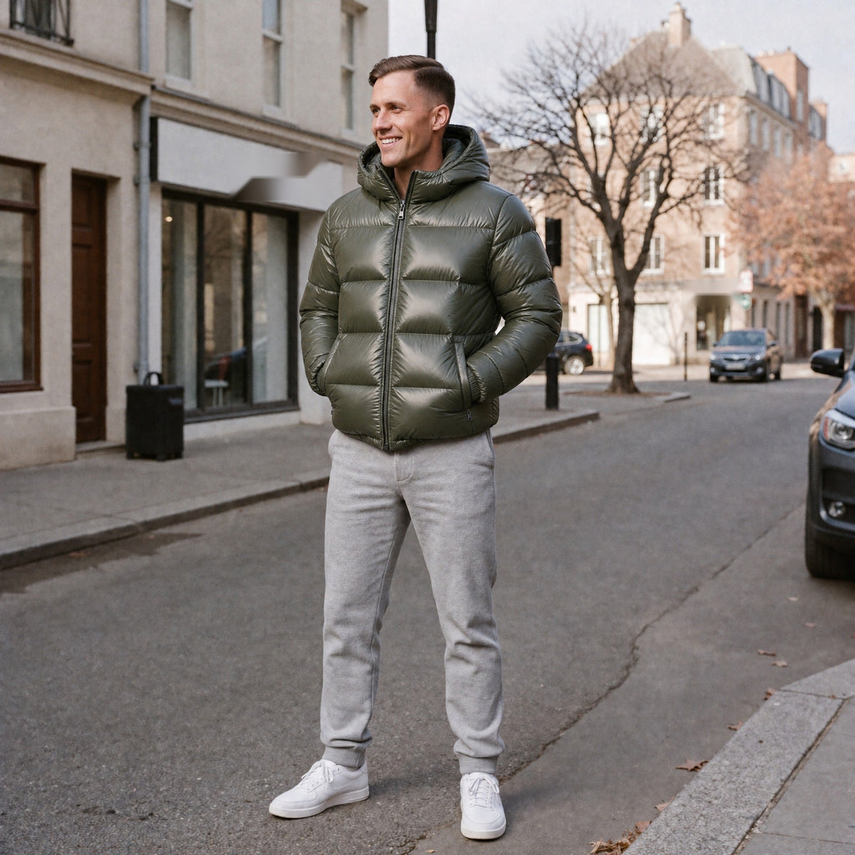 Groene gewatteerde jas met capuchon, gedragen door man op straat | Boutique Moda
