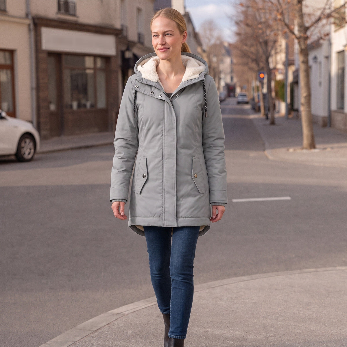 Grijze winterjas met teddy capuchon, gedragen door vrouw op straat | Boutique Moda