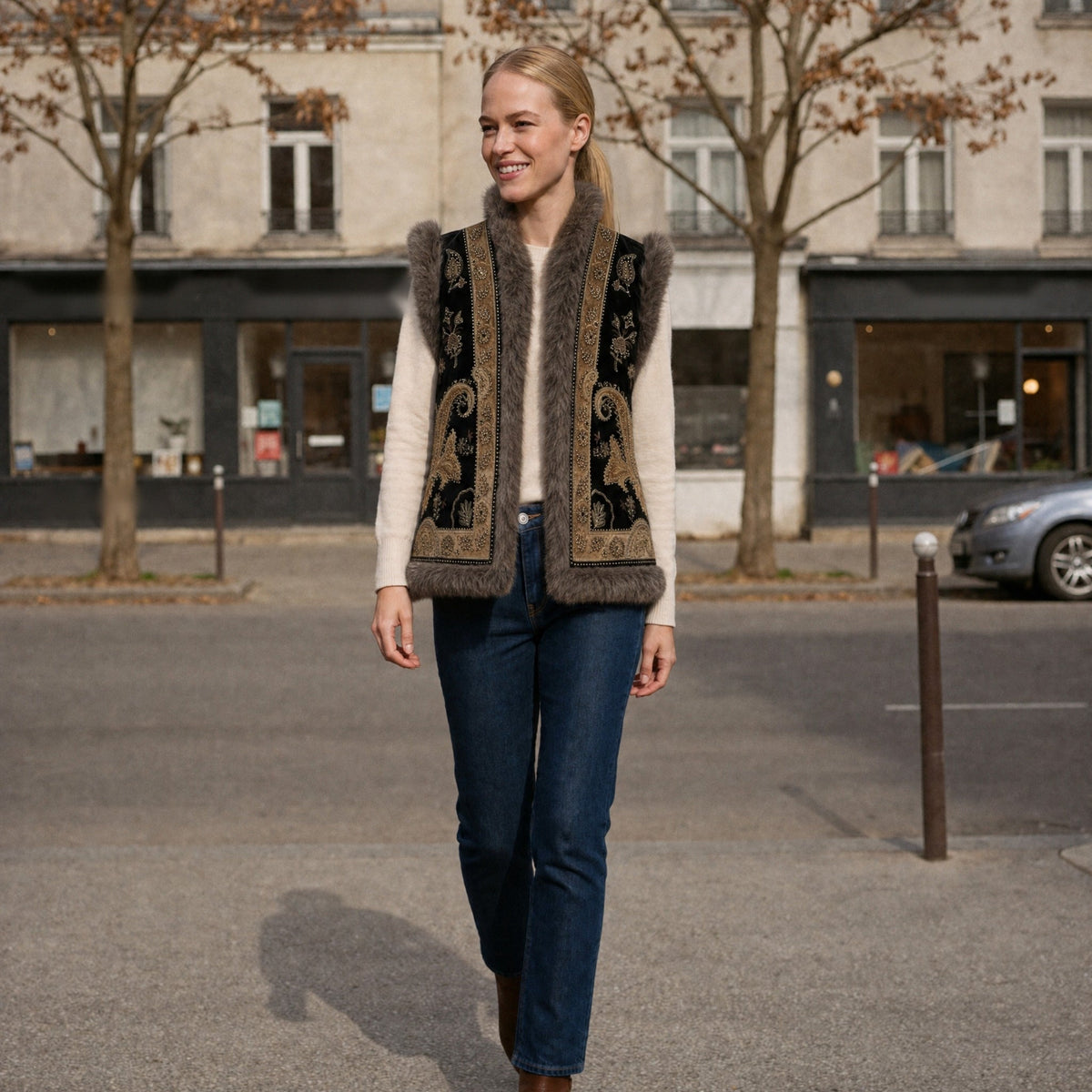 Fluwelen Gilet Dames | Geborduurd | Imitatiebont | Zwartbruin
