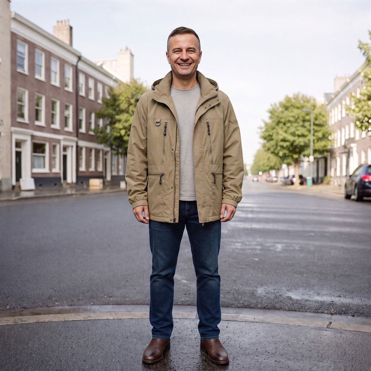 Man draagt beige waterdichte outdoorjas met capuchon op straat | Boutique Moda