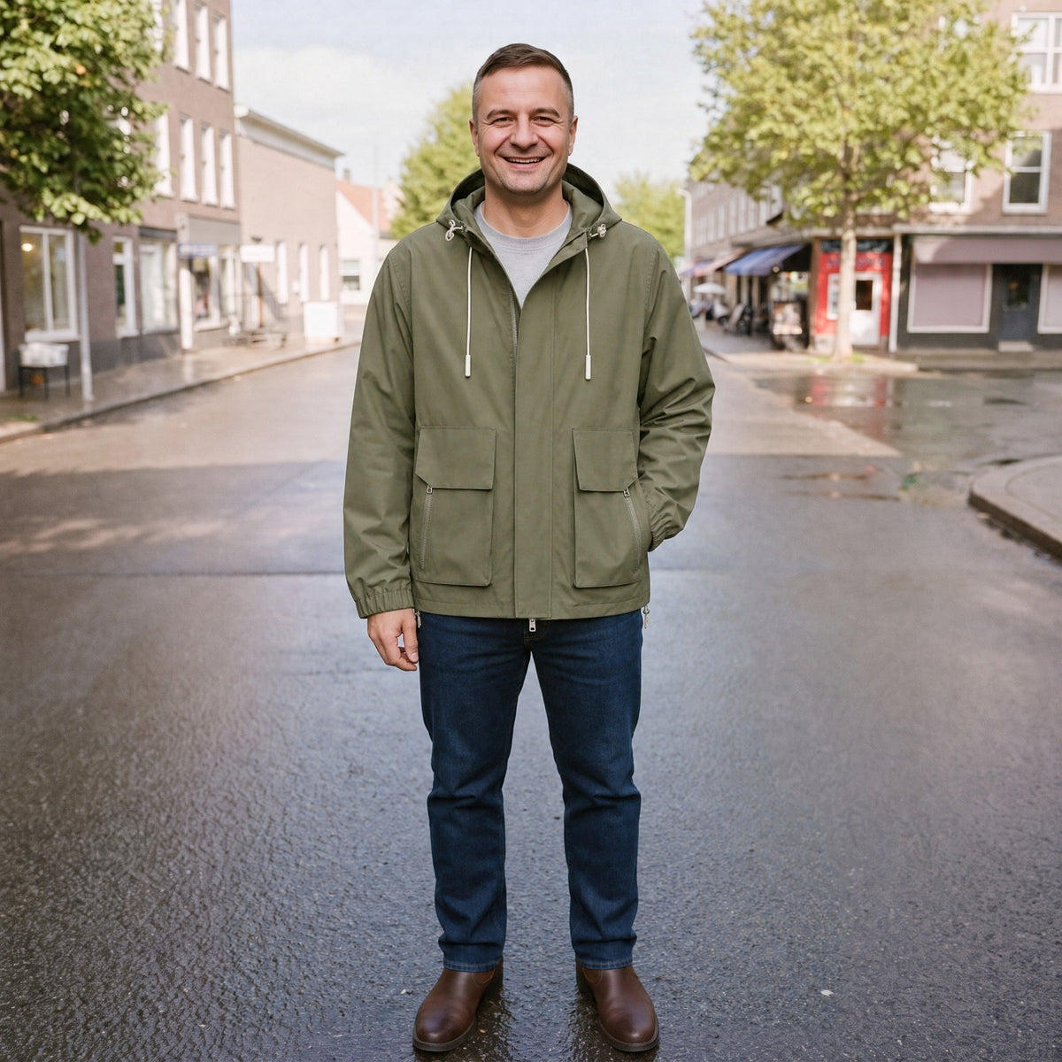 Groen windjack met capuchon, gedragen door man op straat | Boutique Moda