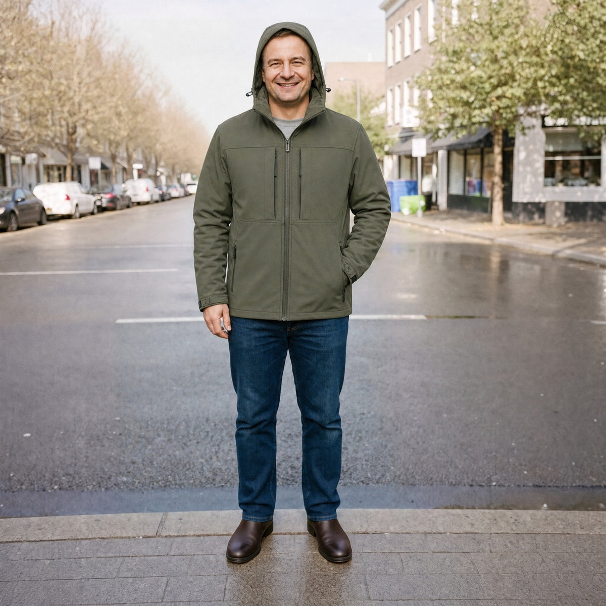 Man draagt groene softshell jas met capuchon op een straat | Boutique Moda
