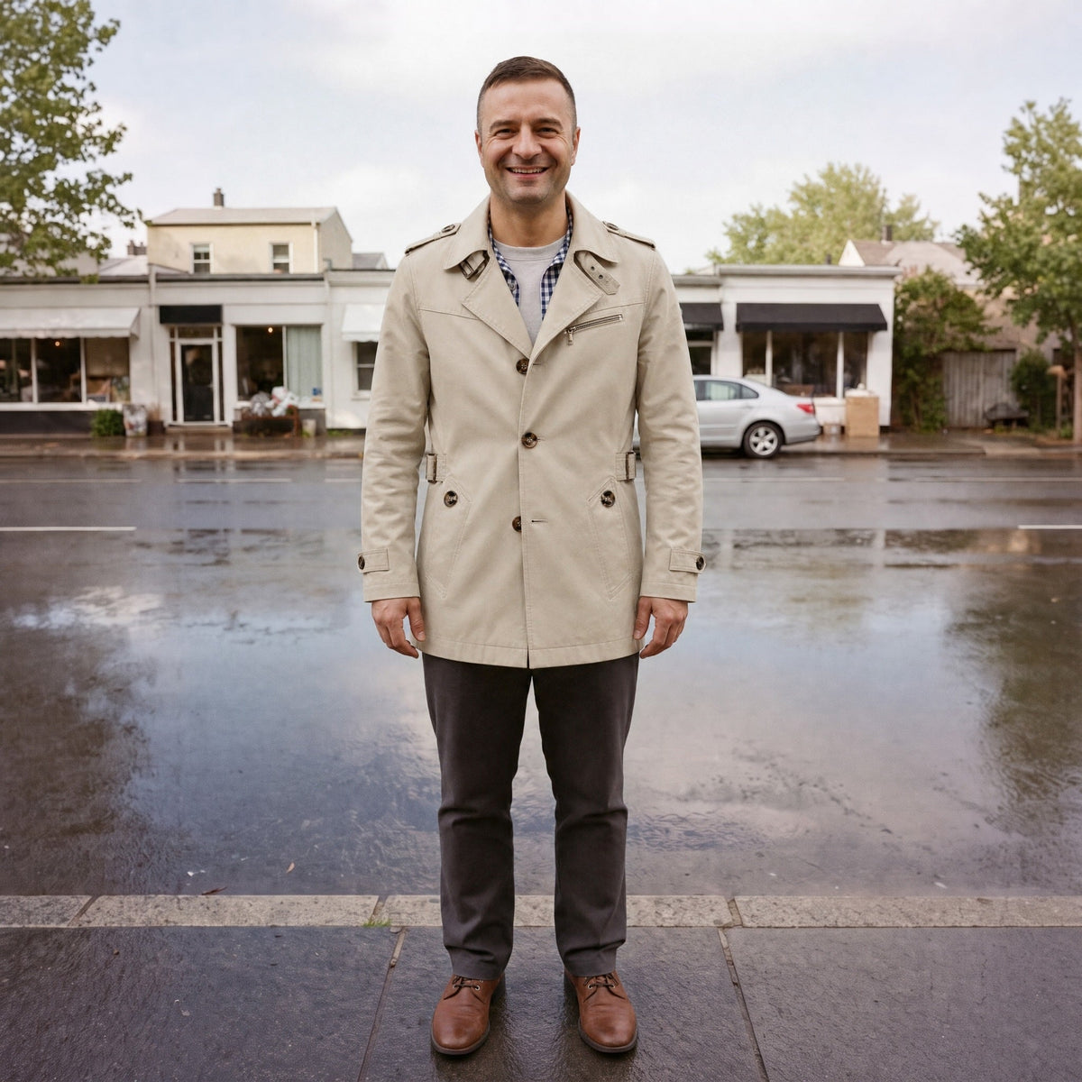 Beige trenchcoat met knoopsluiting en epauletten, gedragen door lachende man buiten | Boutique Moda
