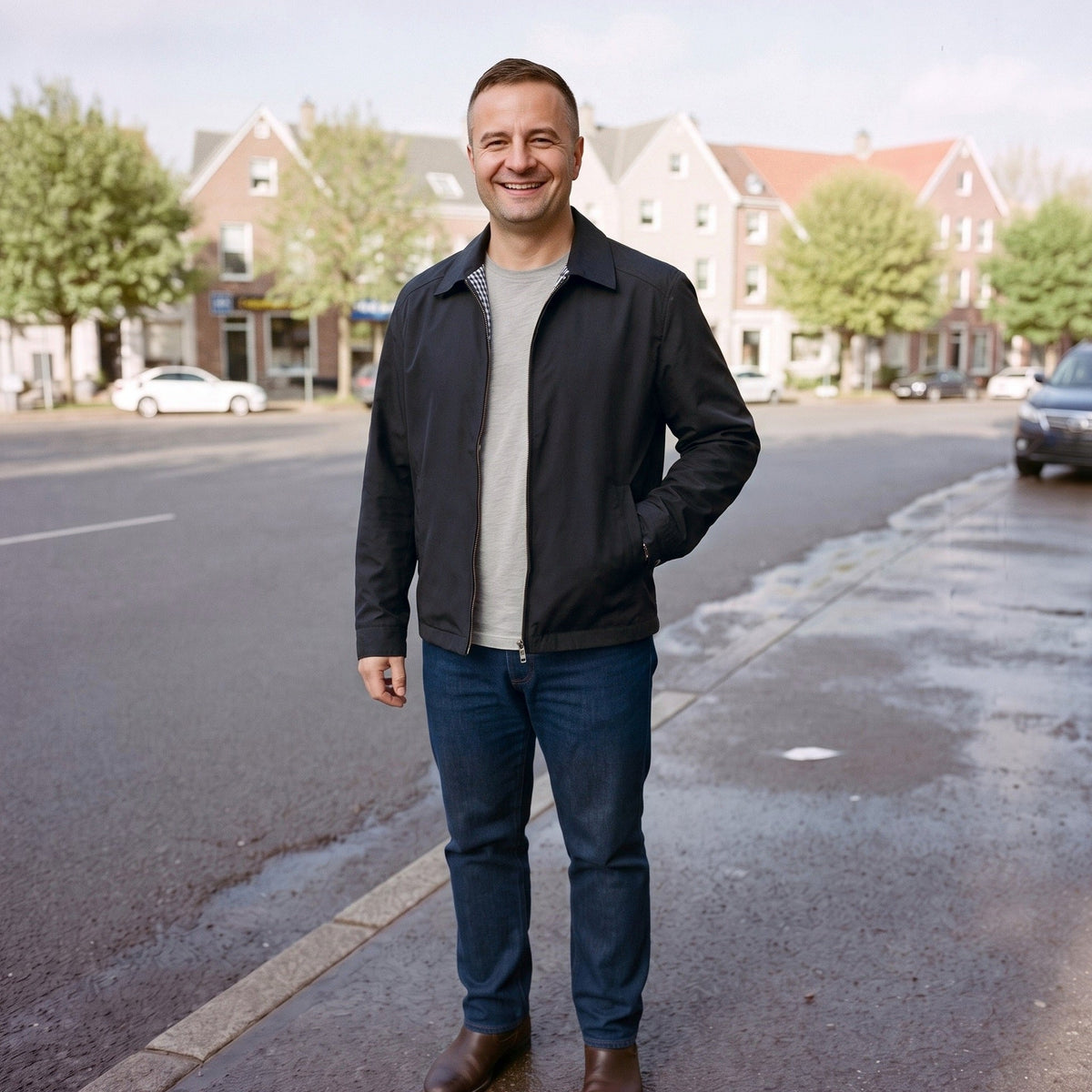 Glimlachende man draagt zwarte regenjas met overhemdkraag en spijkerbroek buiten | Boutique Moda