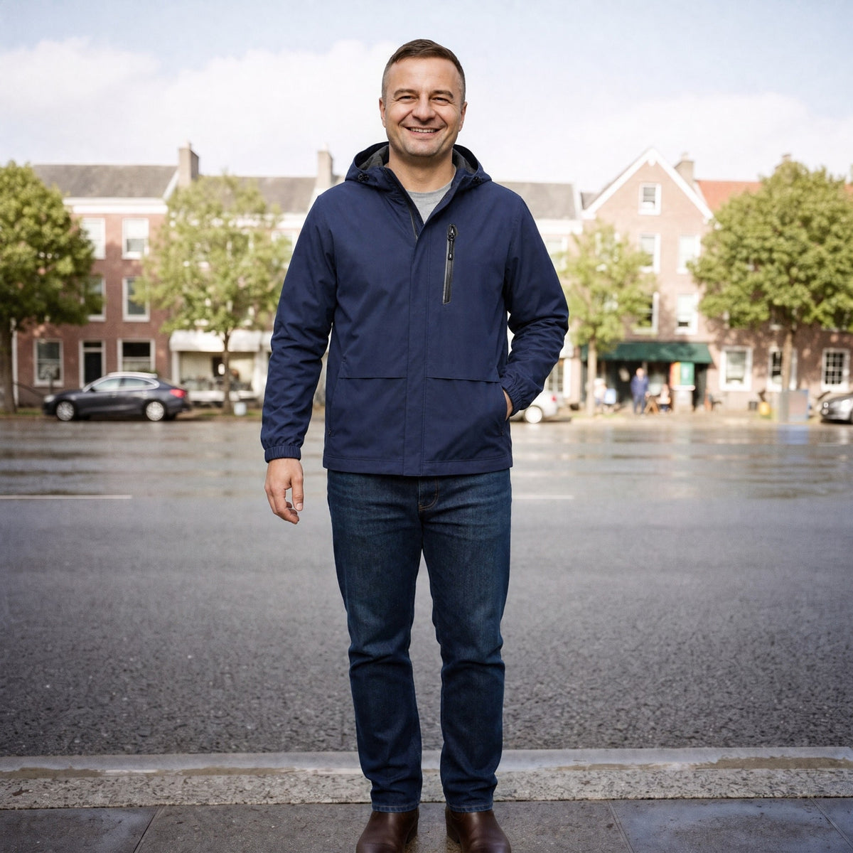 Man draagt donkerblauwe korte regenjas met capuchon op straat | Boutique Moda