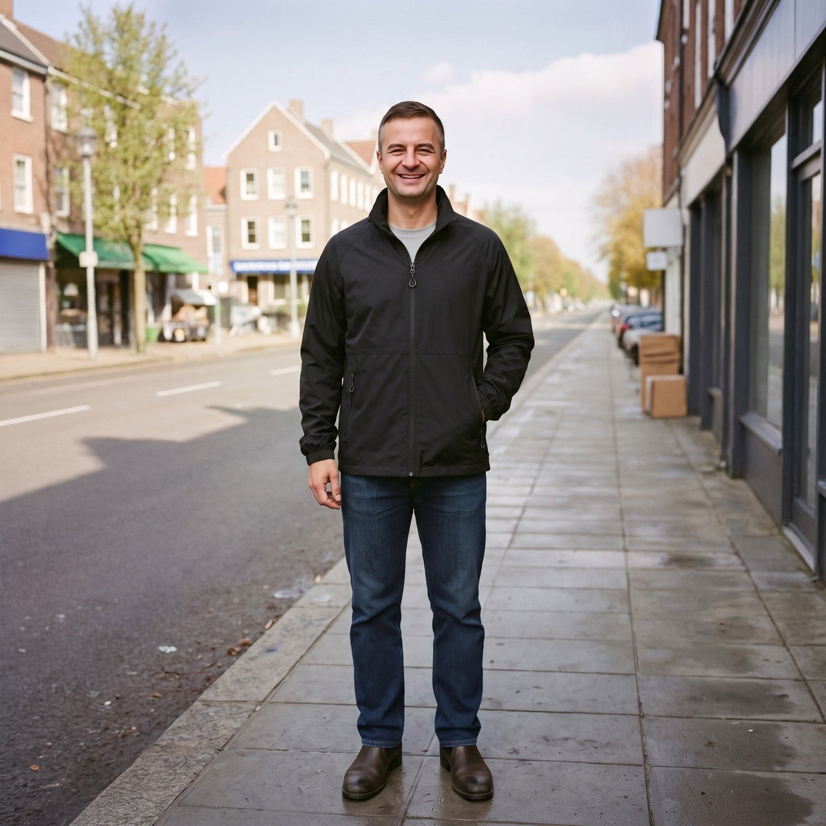 Man draagt zwarte casual regenjas met rits, staande op straat in stad | Boutique Moda