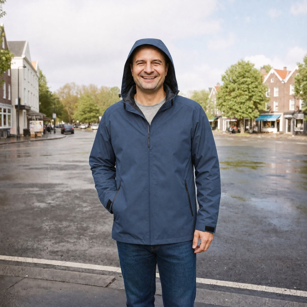 Man draagt donkerblauw regenjack met capuchon, staand op straat | Boutique Moda