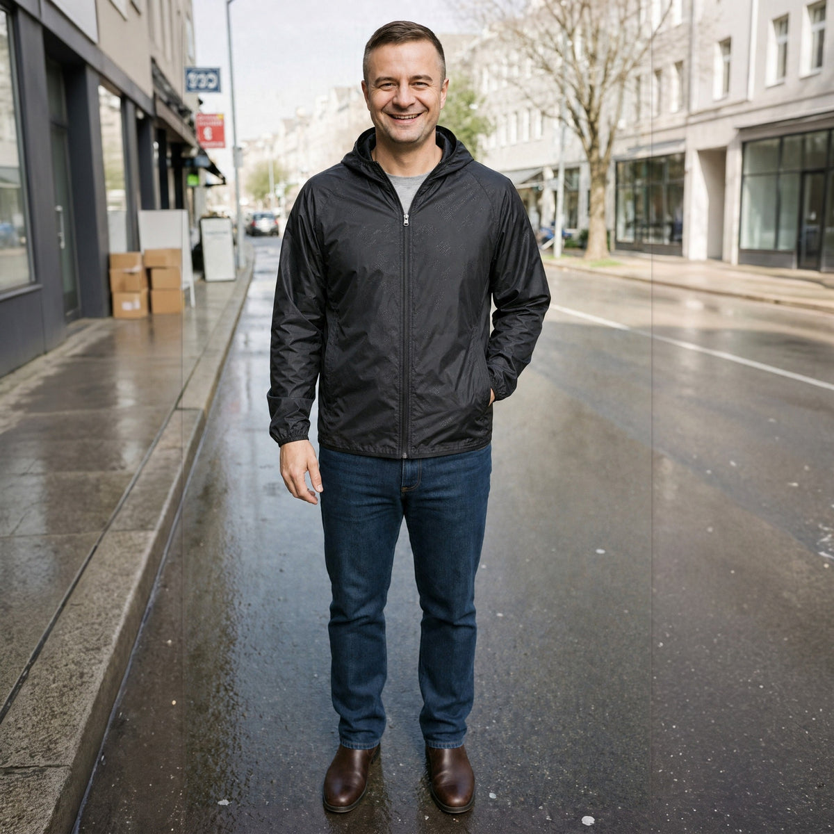 Man draagt zwarte lichte jas met jeans op natte straat | Boutique Moda