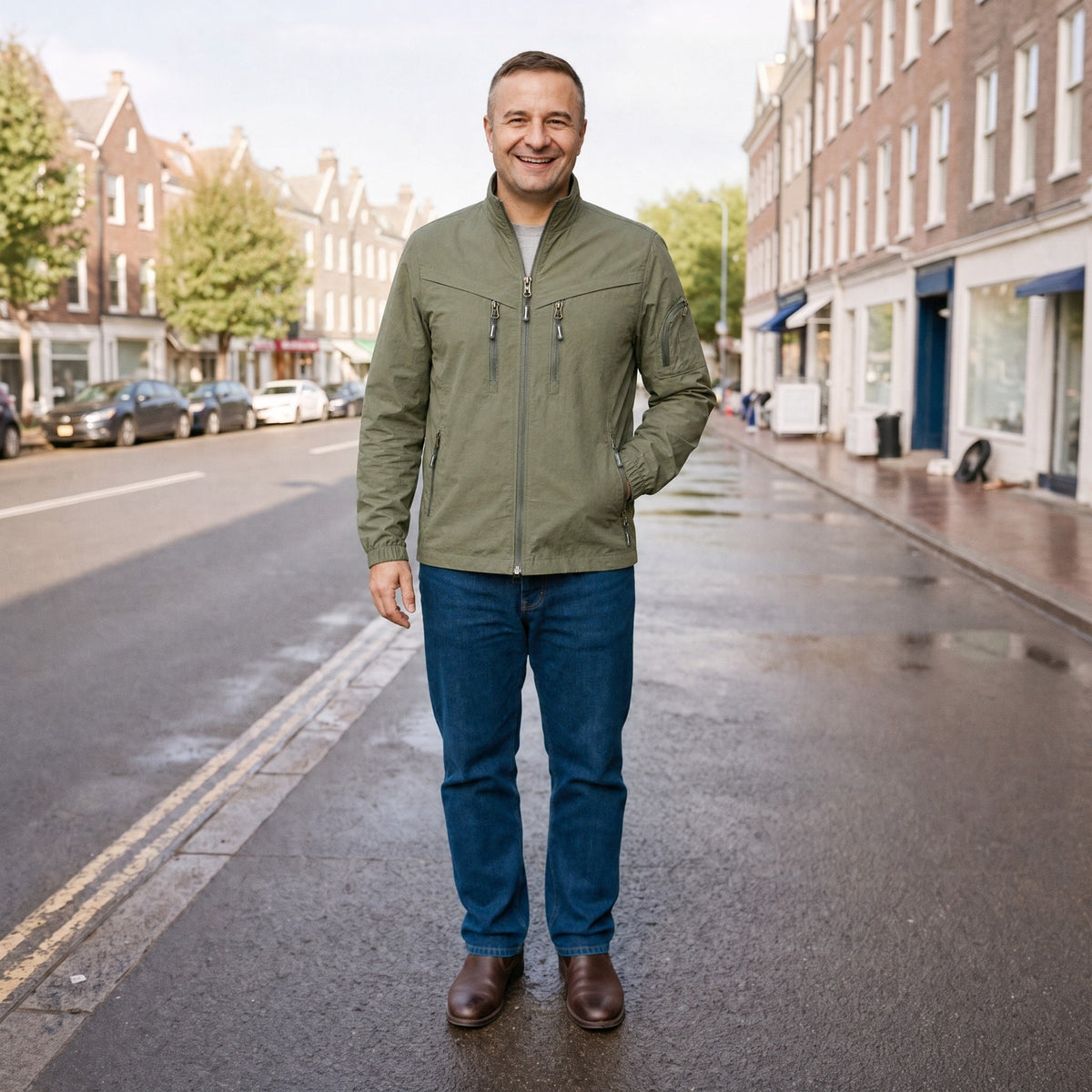 Man draagt groene utility jas met opstaande kraag op straat | Boutique Moda