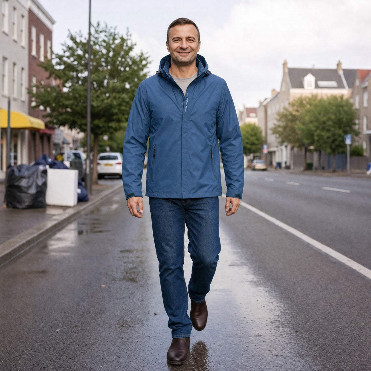 Man draagt blauwe waterdichte jas met capuchon op natte straat | Boutique Moda