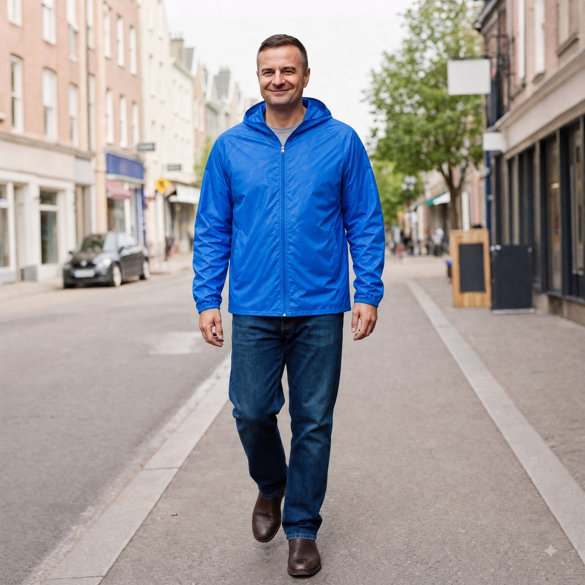 Man draagt blauwe ultralichte jas met capuchon tijdens wandeling op straat | Boutique Moda