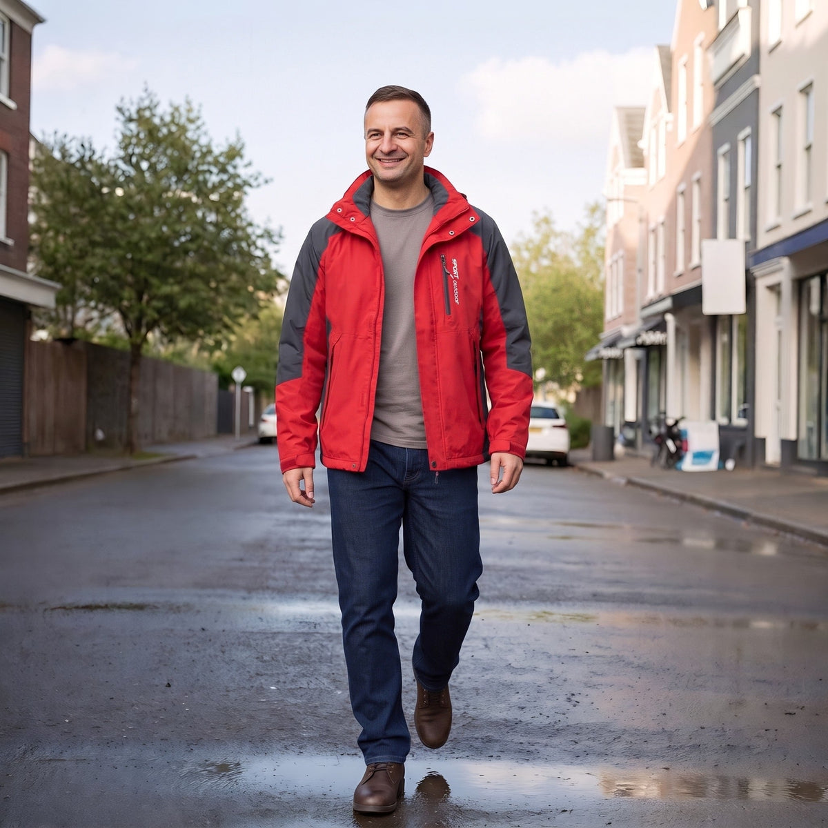 Man draagt rode wandeljas met grijze capuchon op straat | Boutique Moda