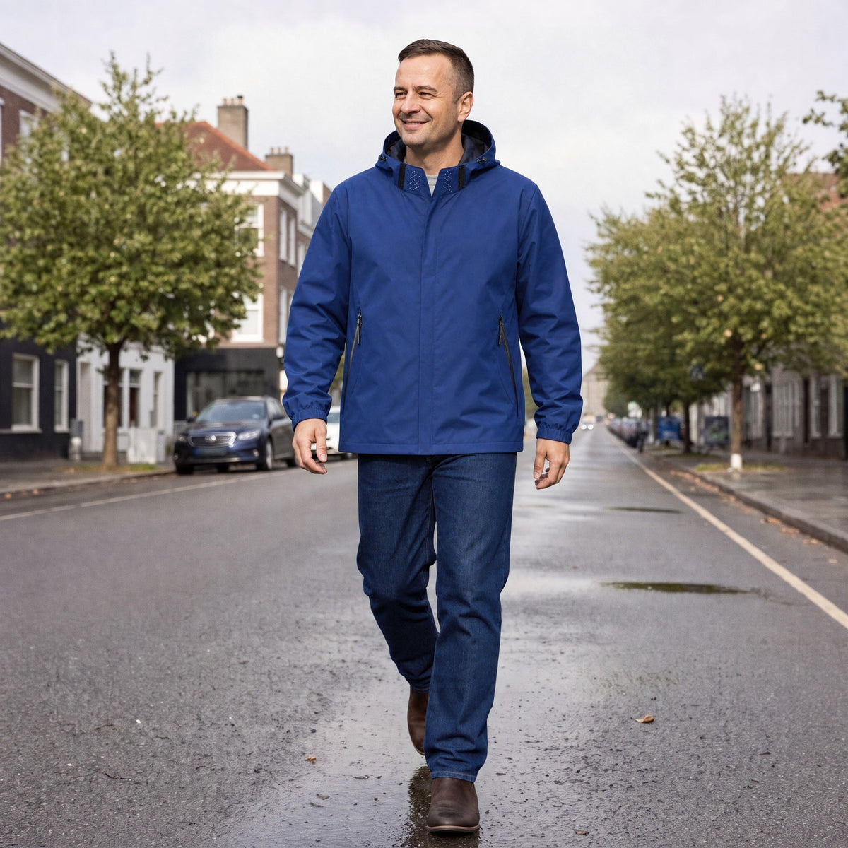 Man draagt blauwe waterdichte wandeljas met capuchon, lopend op straat | Boutique Moda