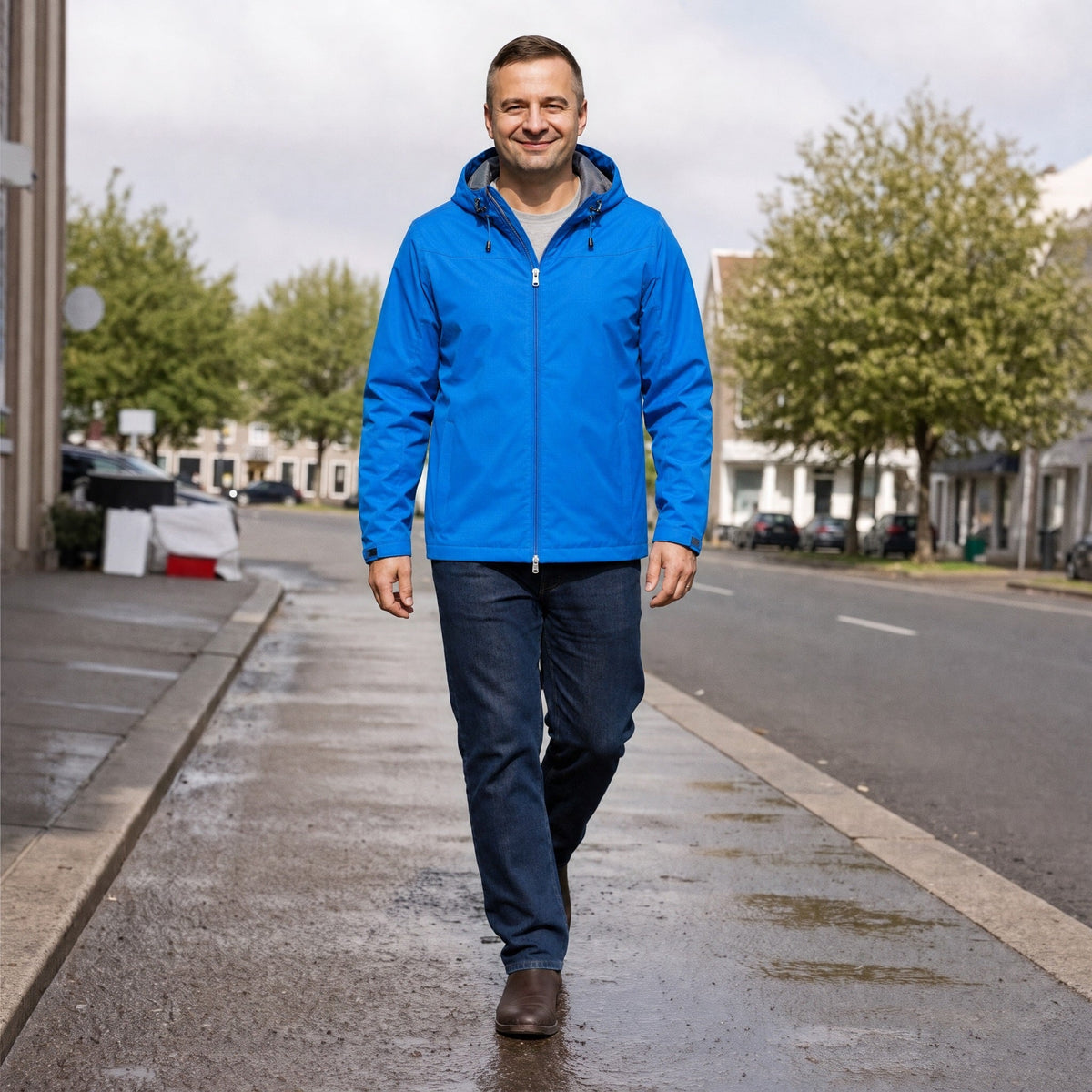 Man draagt blauwe outdoorjas met capuchon, lopend op straat | Boutique Moda
