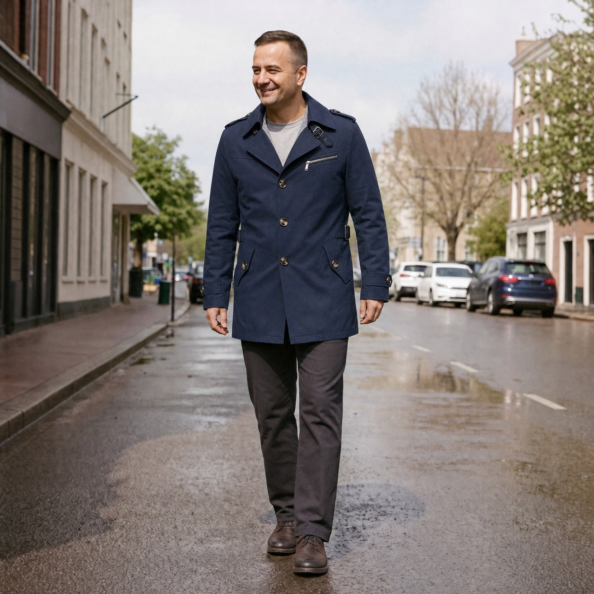 Man draagt donkerblauwe trenchcoat met revers, lopend op straat | Boutique Moda