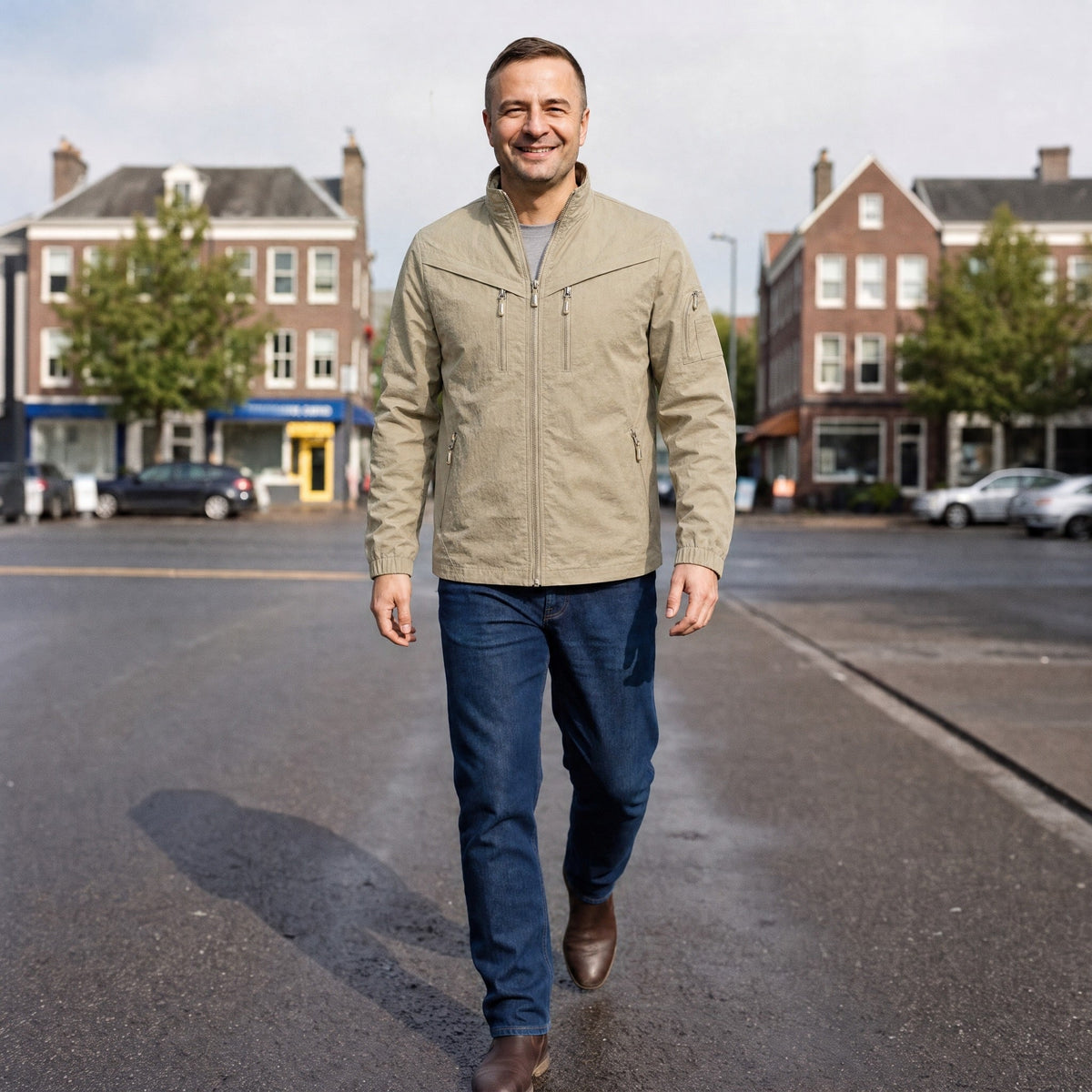 Beige utility jas met opstaande kraag, gedragen door man op straat | Boutique Moda