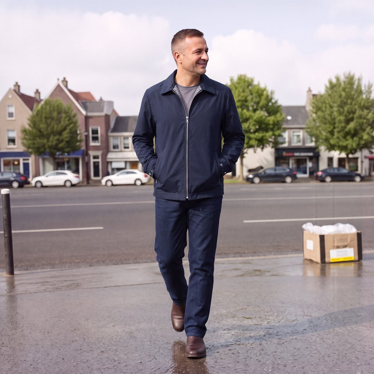 Man draagt donkerblauwe opvouwbare regenjas met rits, lopend op straat | Boutique Moda