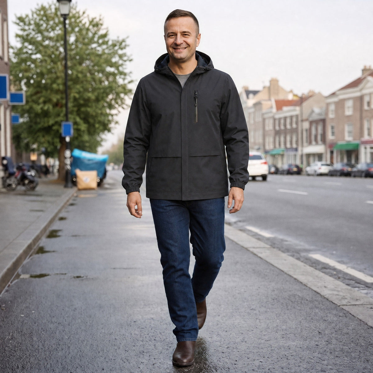 Man draagt donkergrijze regenjas met capuchon tijdens wandeling op straat | Boutique Moda