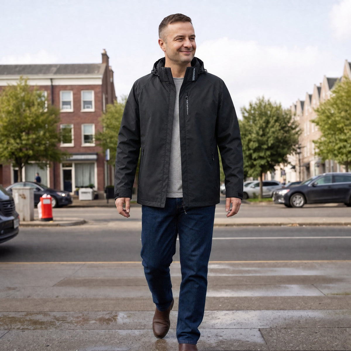 Man draagt zwart waterdicht regenjack met capuchon, lopend op straat | Boutique Moda