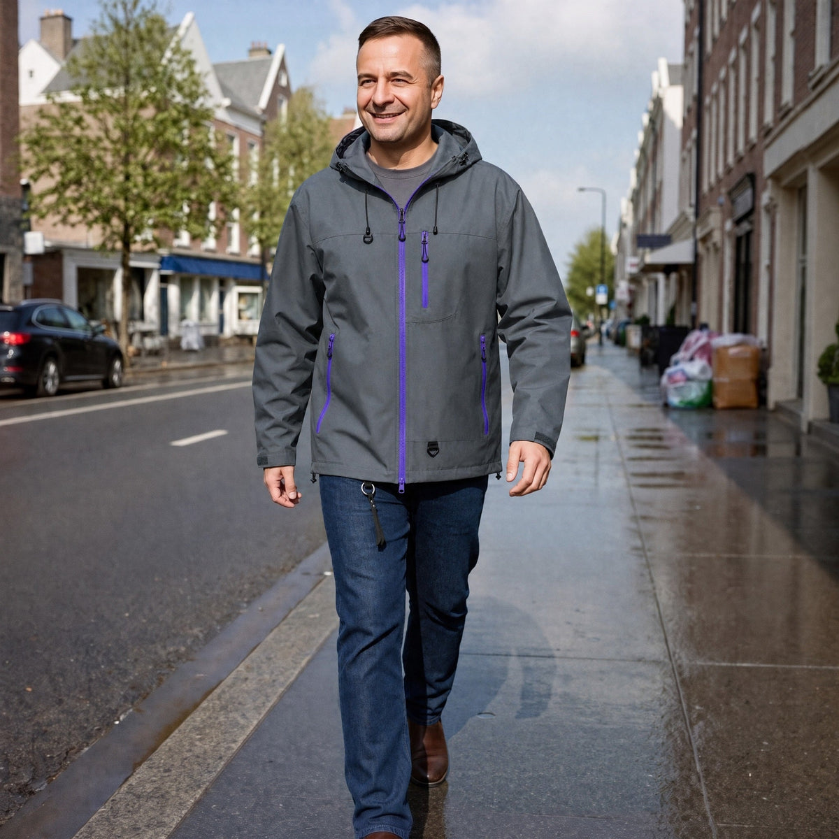 Grijze regenjas met paarse ritsen, gedragen door man op straat | Boutique Moda