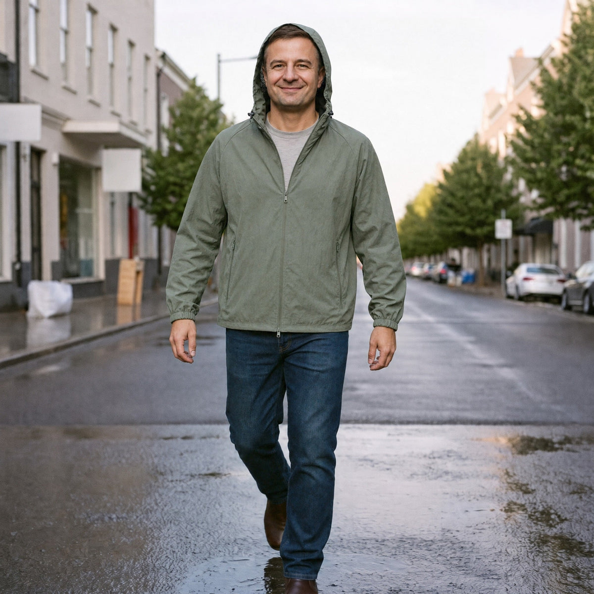 Man draagt groen windjack met capuchon, lopend op natte straat | Boutique Moda