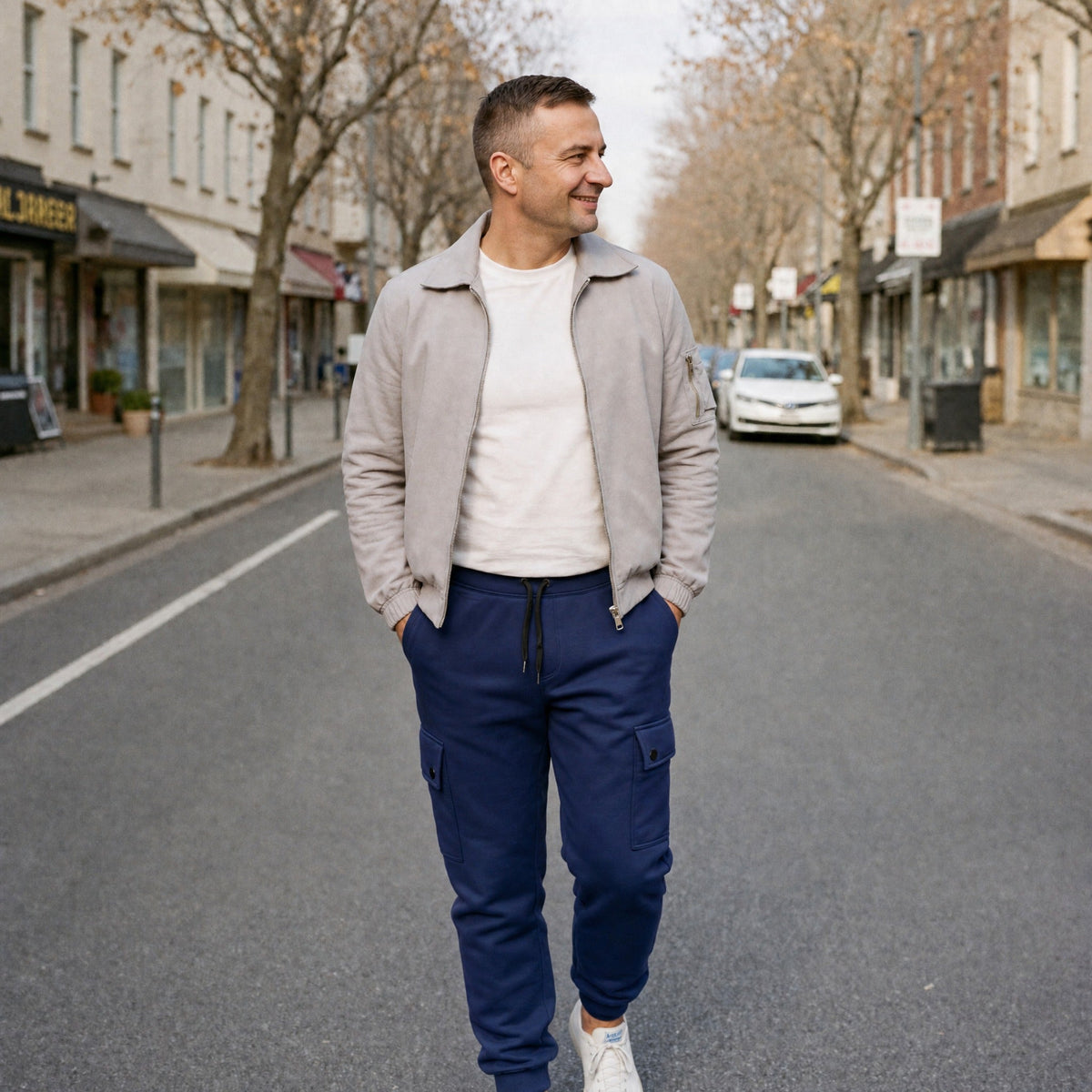 Man draagt blauwe joggingbroek met cargozak en beige jas op straat | Boutique Moda